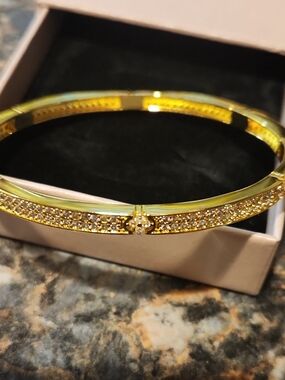 Gold Crystal Pavé Hinged Bangle Bracelet - Sparkling Gold Tone